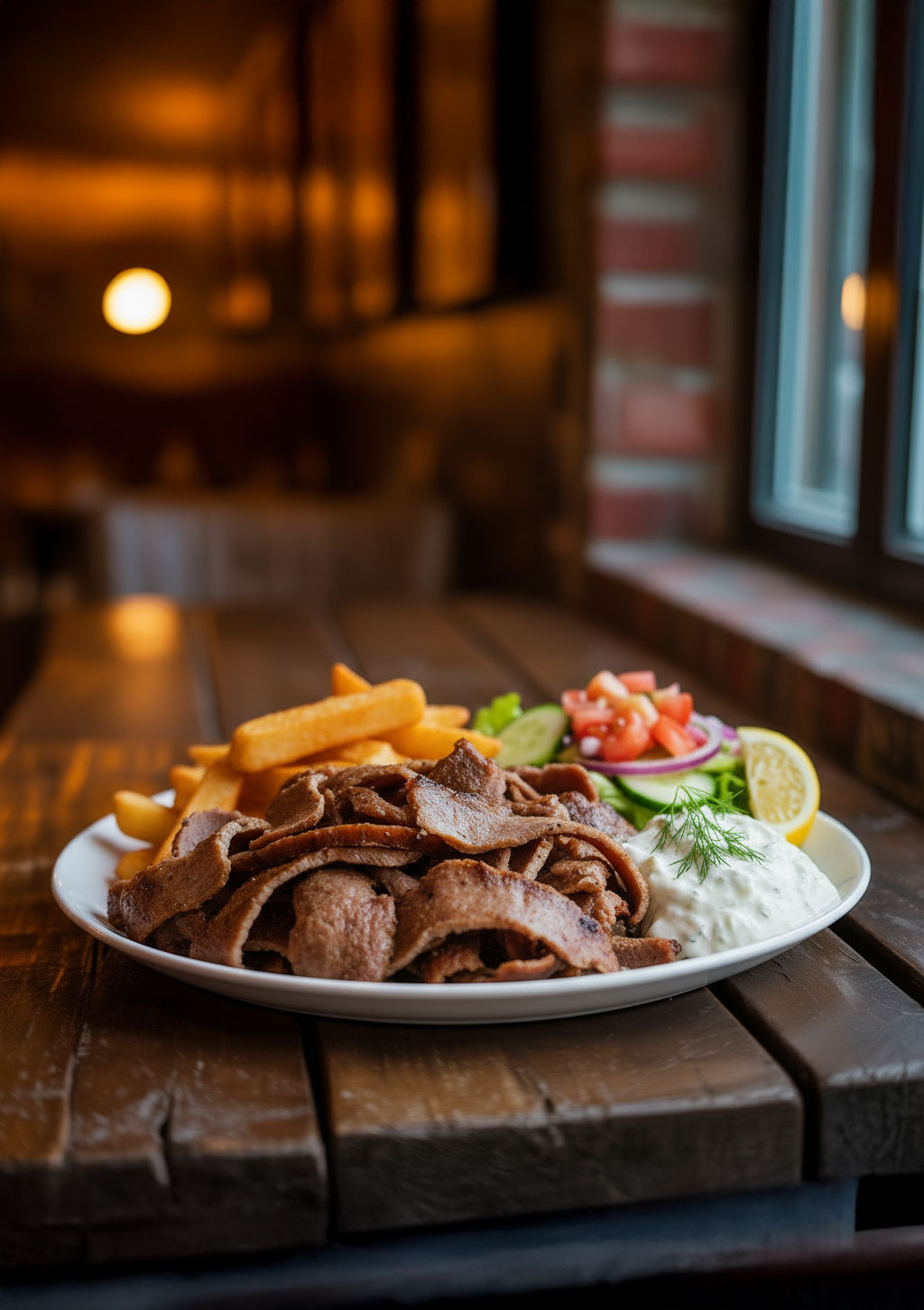 Gyros Fleisch von Kaufnekuh mit Tsatsiki, Pommes und Salat