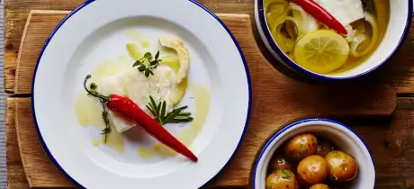Kabeljauw gekonfijt in olijfolie