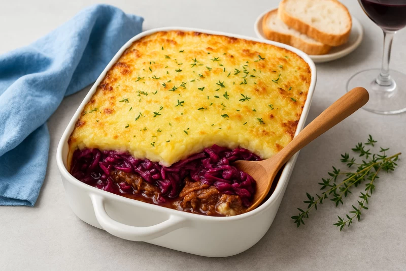 Ovenschotel met rode kool en stoofvlees